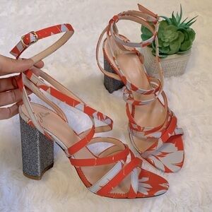J. Crew Stella In orange and blue Ratti Falling Leaves glitter strappy heels